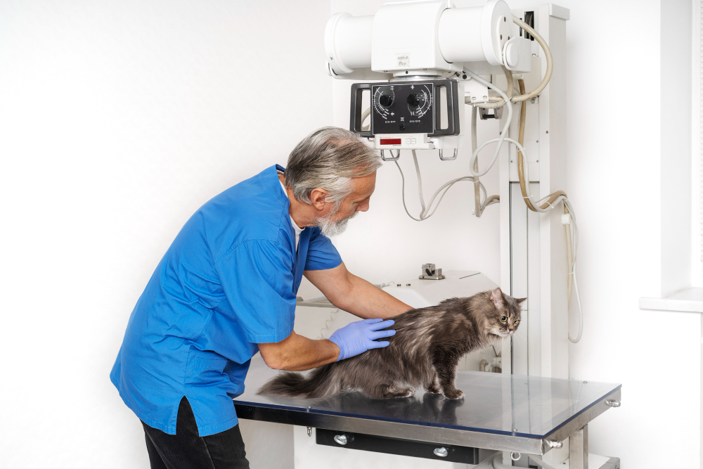 veterinario con un gato en un máquina de rayos